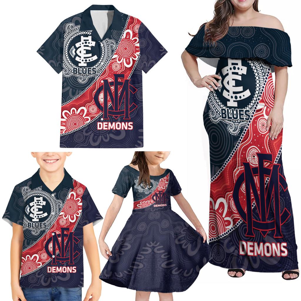Personalised Demons And Blues Football Family Matching Off Shoulder Maxi Dress and Hawaiian Shirt Aboriginal Art