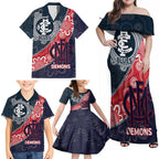 Personalised Demons And Blues Football Family Matching Off Shoulder Maxi Dress and Hawaiian Shirt Aboriginal Art