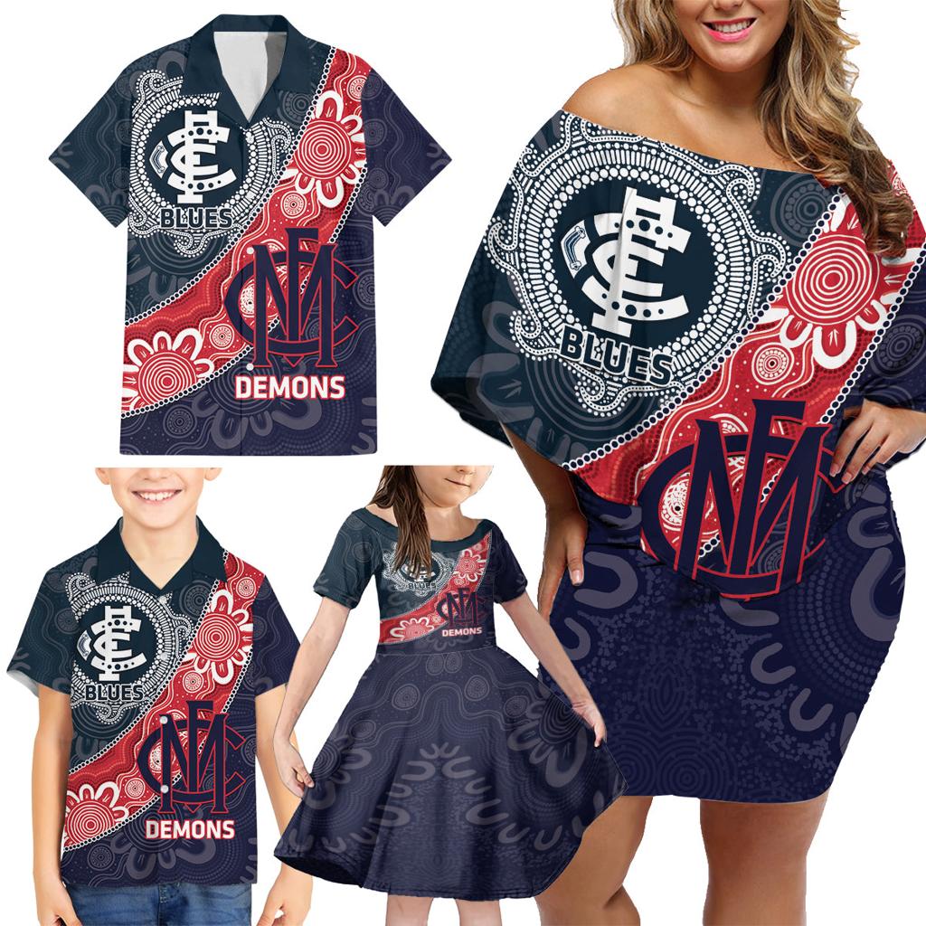 Personalised Demons And Blues Football Family Matching Off Shoulder Short Dress and Hawaiian Shirt Aboriginal Art