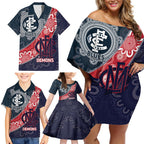 Personalised Demons And Blues Football Family Matching Off Shoulder Short Dress and Hawaiian Shirt Aboriginal Art