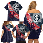 Personalised Demons And Blues Football Family Matching Off Shoulder Short Dress and Hawaiian Shirt Aboriginal Art