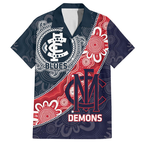 Personalised Demons And Blues Football Family Matching Off Shoulder Short Dress and Hawaiian Shirt Aboriginal Art