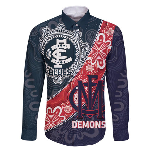 Personalised Demons And Blues Football Family Matching Off Shoulder Short Dress and Hawaiian Shirt Aboriginal Art