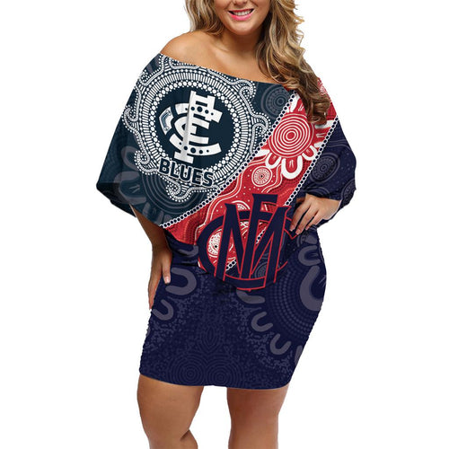Personalised Demons And Blues Football Family Matching Off Shoulder Short Dress and Hawaiian Shirt Aboriginal Art
