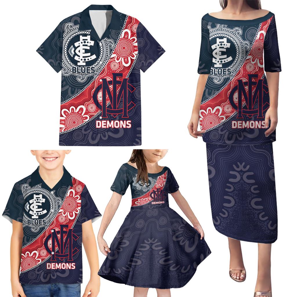 Personalised Demons And Blues Football Family Matching Puletasi and Hawaiian Shirt Aboriginal Art
