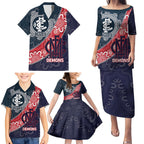 Personalised Demons And Blues Football Family Matching Puletasi and Hawaiian Shirt Aboriginal Art