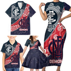 Personalised Demons And Blues Football Family Matching Short Sleeve Bodycon Dress and Hawaiian Shirt Aboriginal Art