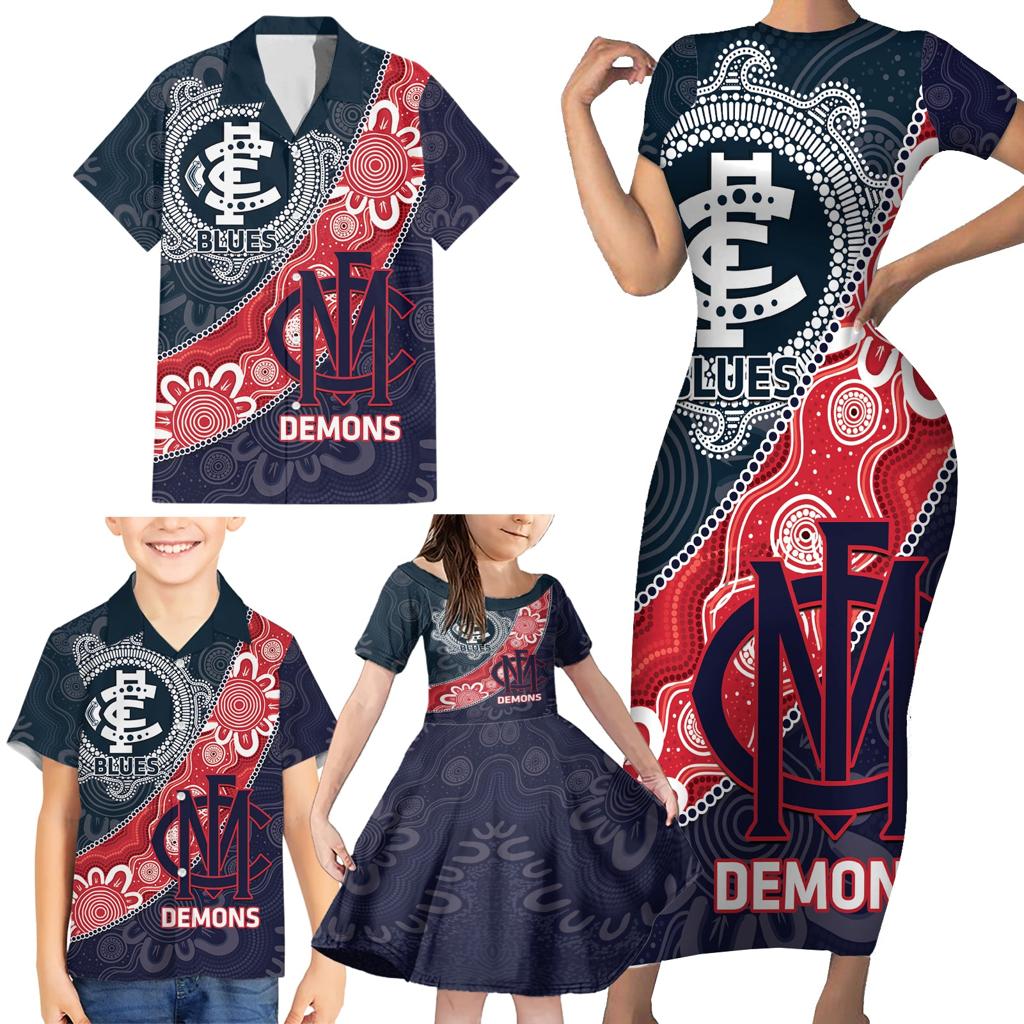 Personalised Demons And Blues Football Family Matching Short Sleeve Bodycon Dress and Hawaiian Shirt Aboriginal Art