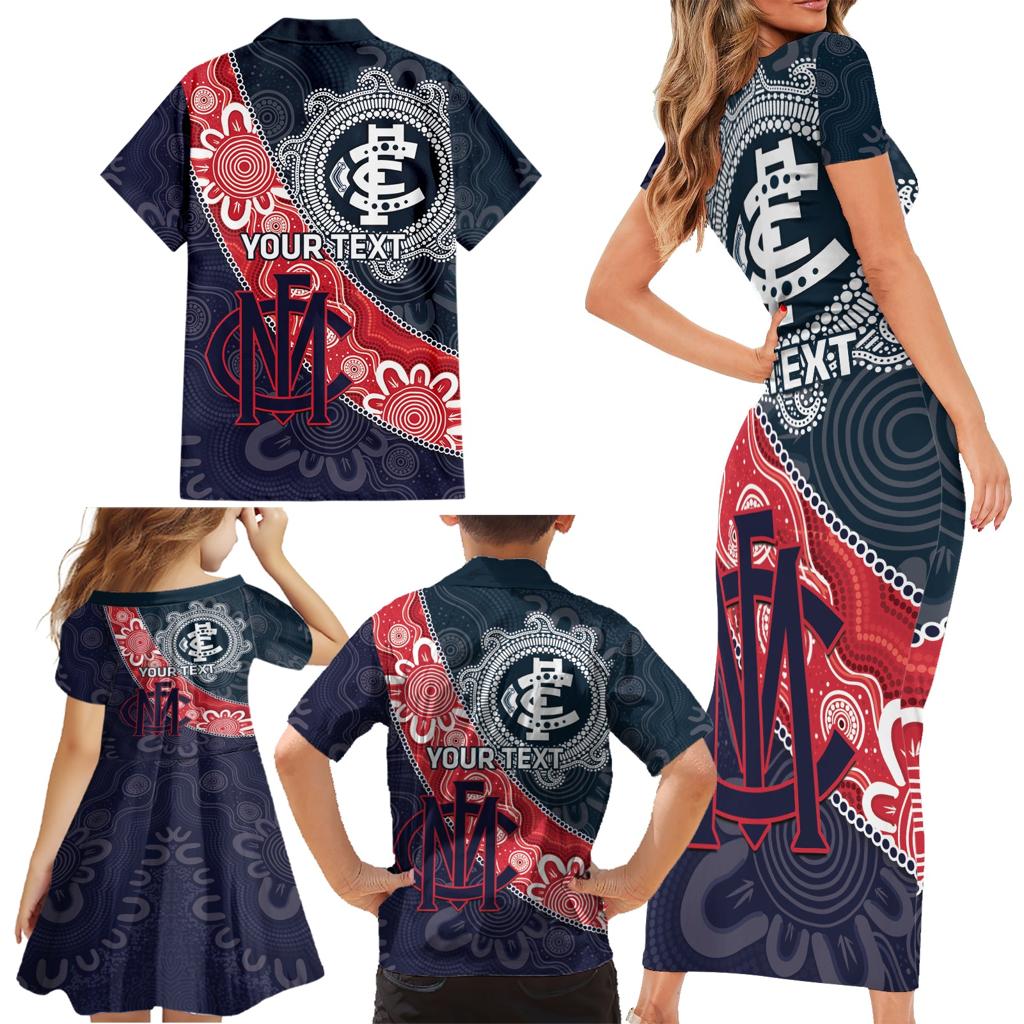 Personalised Demons And Blues Football Family Matching Short Sleeve Bodycon Dress and Hawaiian Shirt Aboriginal Art