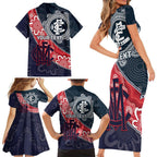 Personalised Demons And Blues Football Family Matching Short Sleeve Bodycon Dress and Hawaiian Shirt Aboriginal Art