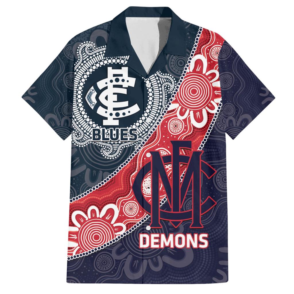 Personalised Demons And Blues Football Family Matching Short Sleeve Bodycon Dress and Hawaiian Shirt Aboriginal Art