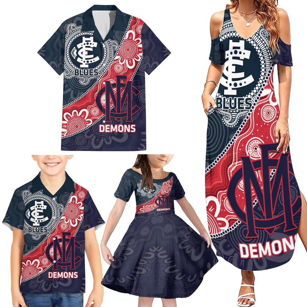 Personalised Demons And Blues Football Family Matching Summer Maxi Dress and Hawaiian Shirt Aboriginal Art