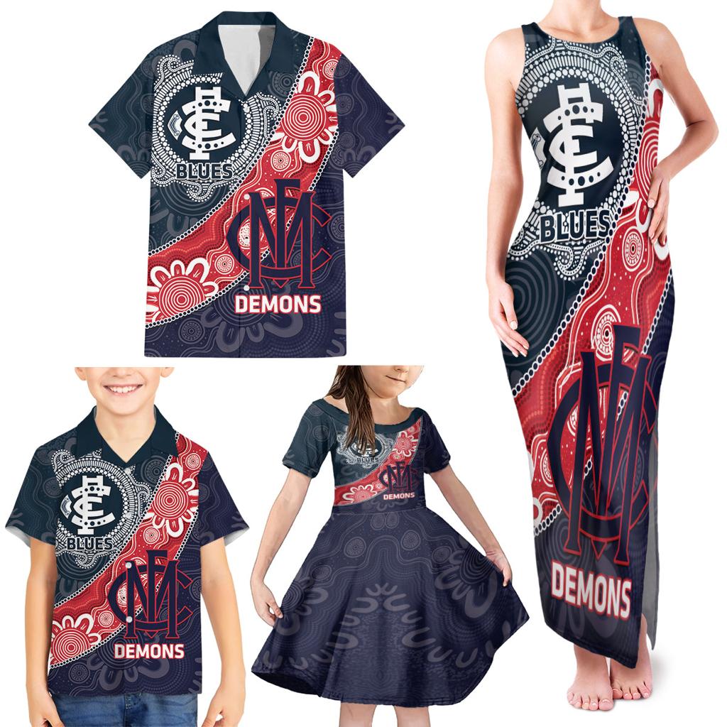 Personalised Demons And Blues Football Family Matching Tank Maxi Dress and Hawaiian Shirt Aboriginal Art