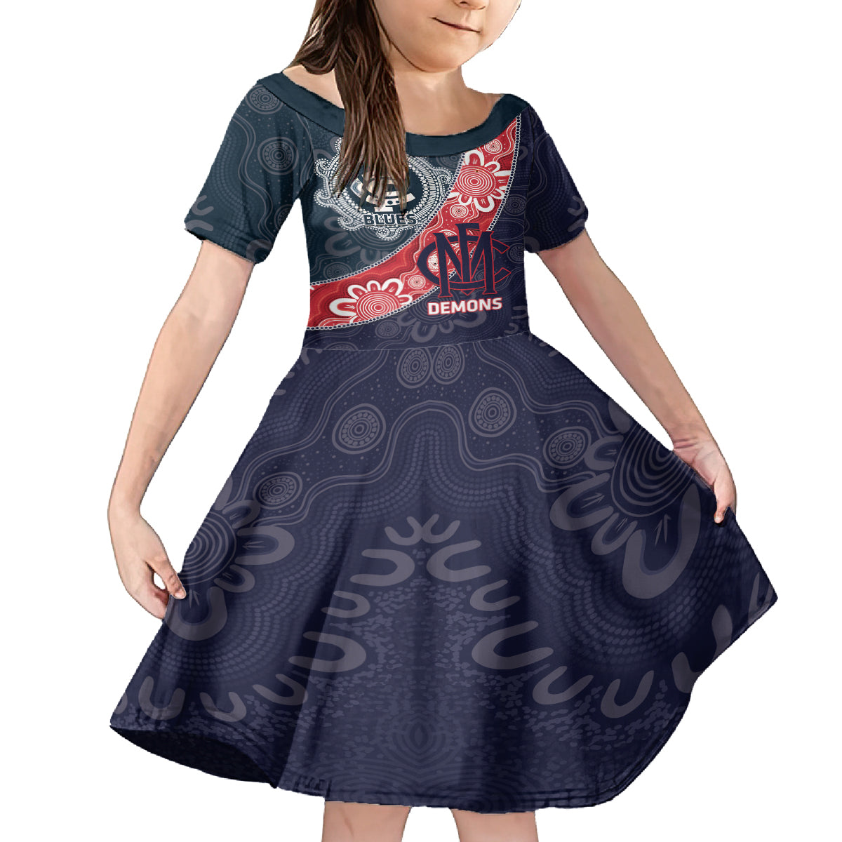 Personalised Demons And Blues Football Kid Short Sleeve Dress Aboriginal Art
