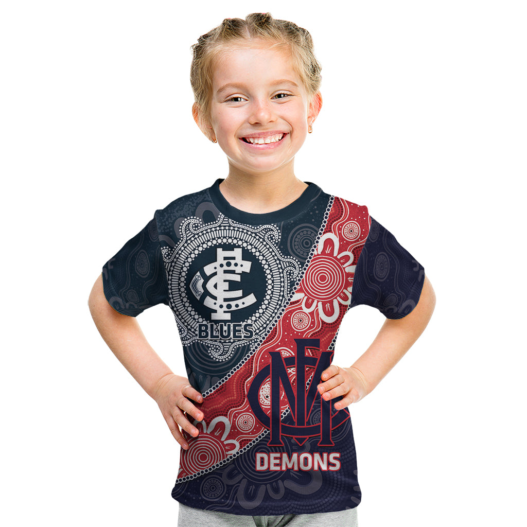 Personalised Demons And Blues Football Kid T Shirt Aboriginal Art