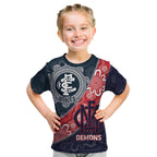 Personalised Demons And Blues Football Kid T Shirt Aboriginal Art