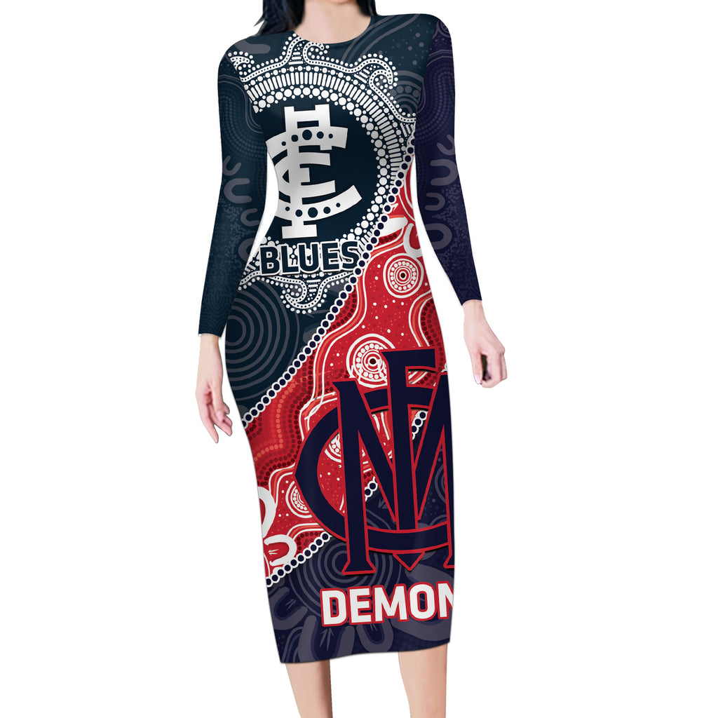 Personalised Demons And Blues Football Long Sleeve Bodycon Dress Aboriginal Art