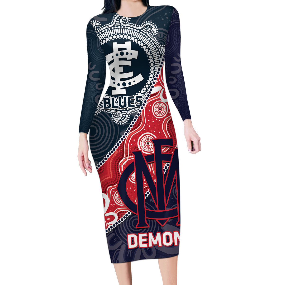 Personalised Demons And Blues Football Long Sleeve Bodycon Dress Aboriginal Art