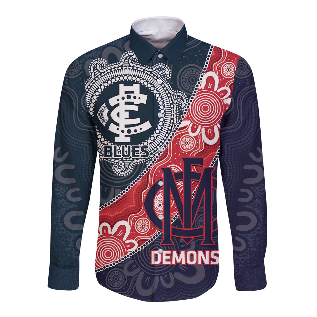 Personalised Demons And Blues Football Long Sleeve Button Shirt Aboriginal Art