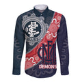 Personalised Demons And Blues Football Long Sleeve Button Shirt Aboriginal Art