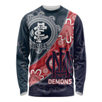 Personalised Demons And Blues Football Long Sleeve Shirt Aboriginal Art