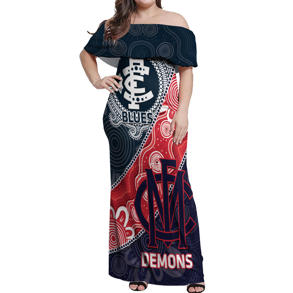 Personalised Demons And Blues Football Off Shoulder Maxi Dress Aboriginal Art