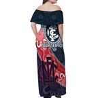 Personalised Demons And Blues Football Off Shoulder Maxi Dress Aboriginal Art