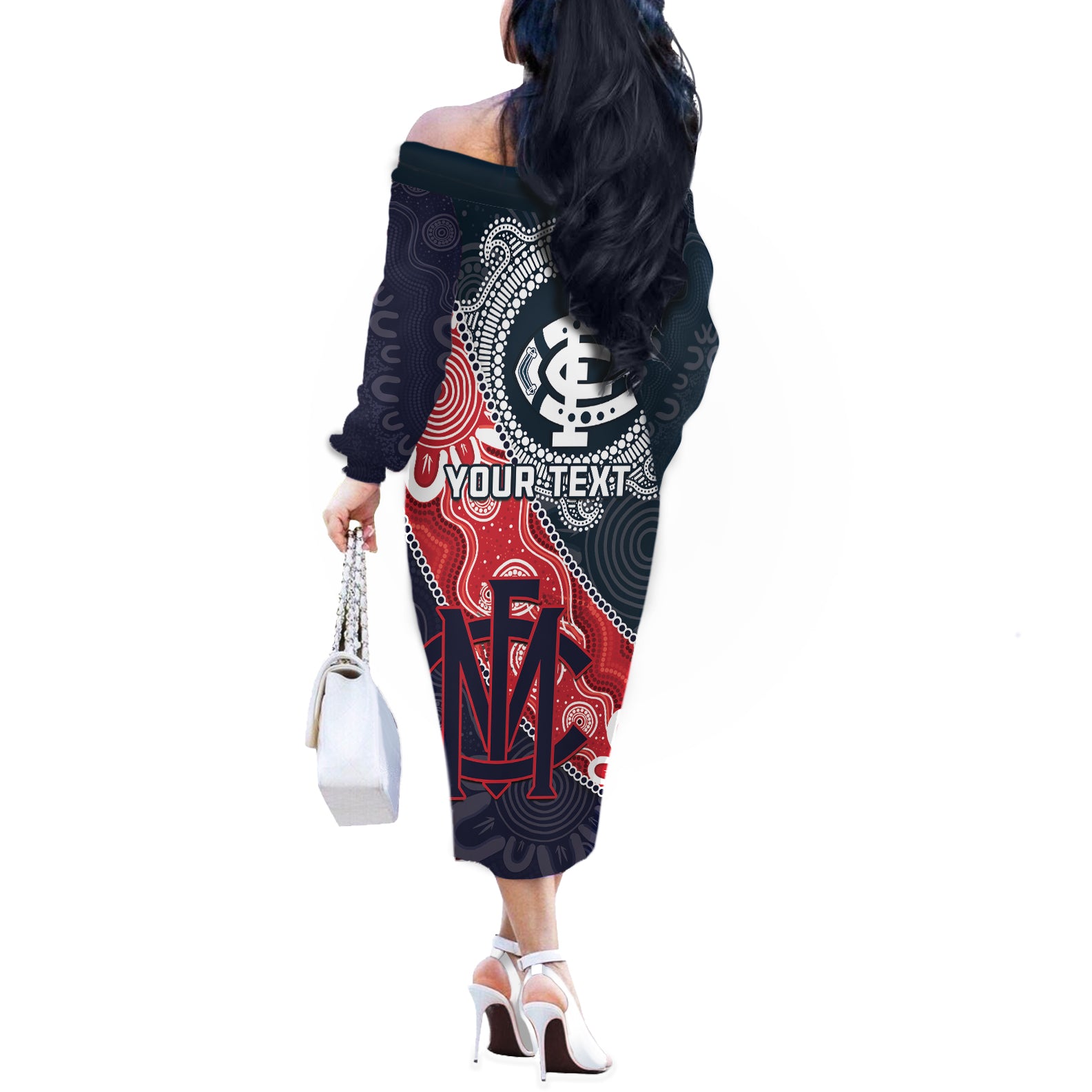 Personalised Demons And Blues Football Off The Shoulder Long Sleeve Dress Aboriginal Art