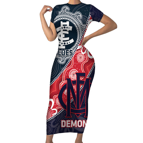 Personalised Demons And Blues Football Short Sleeve Bodycon Dress Aboriginal Art