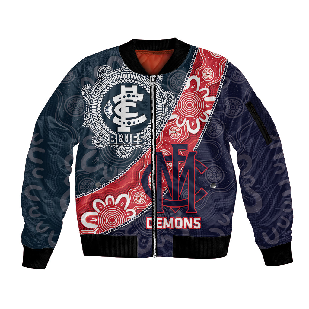 Personalised Demons And Blues Football Sleeve Zip Bomber Jacket Aboriginal Art