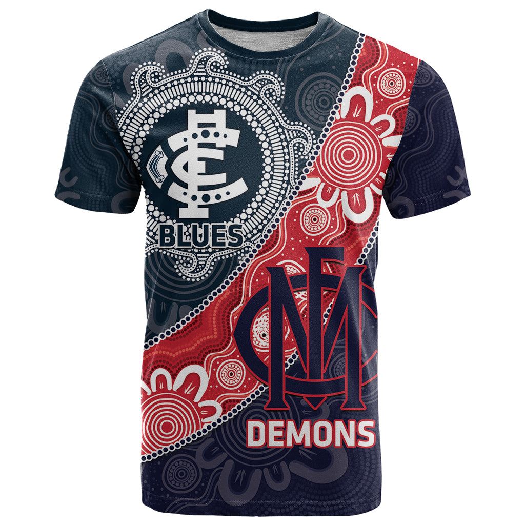 Personalised Demons And Blues Football T Shirt Aboriginal Art