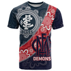 Personalised Demons And Blues Football T Shirt Aboriginal Art