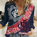 Personalised Demons And Blues Football Women Casual Shirt Aboriginal Art