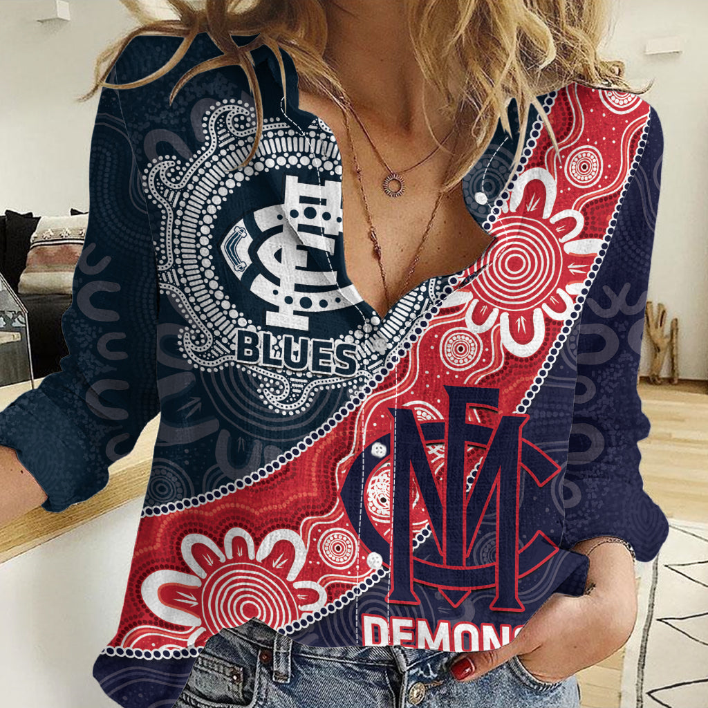 Personalised Demons And Blues Football Women Casual Shirt Aboriginal Art