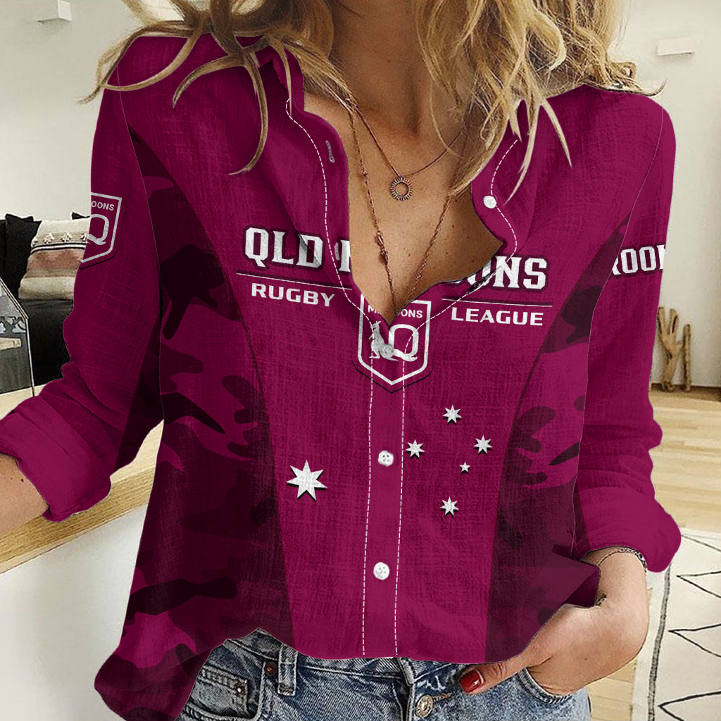 Personalised QLD Rugby Women Casual Shirt Go Maroons Camouflage Sporty Style LT14