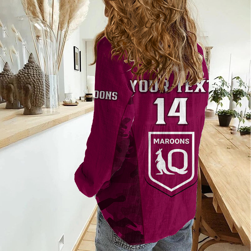 Personalised QLD Rugby Women Casual Shirt Go Maroons Camouflage Sporty Style LT14