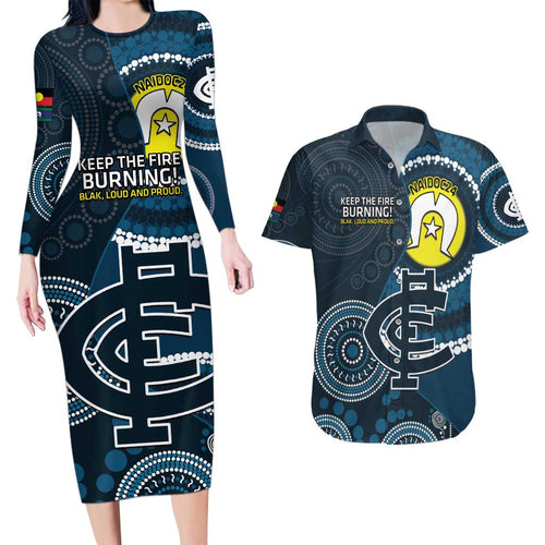 Custom AFL Carlton NAIDOC Week Couples Matching Long Sleeve Bodycon Dress and Hawaiian Shirt Keep The Fire Burning Indigenous Art