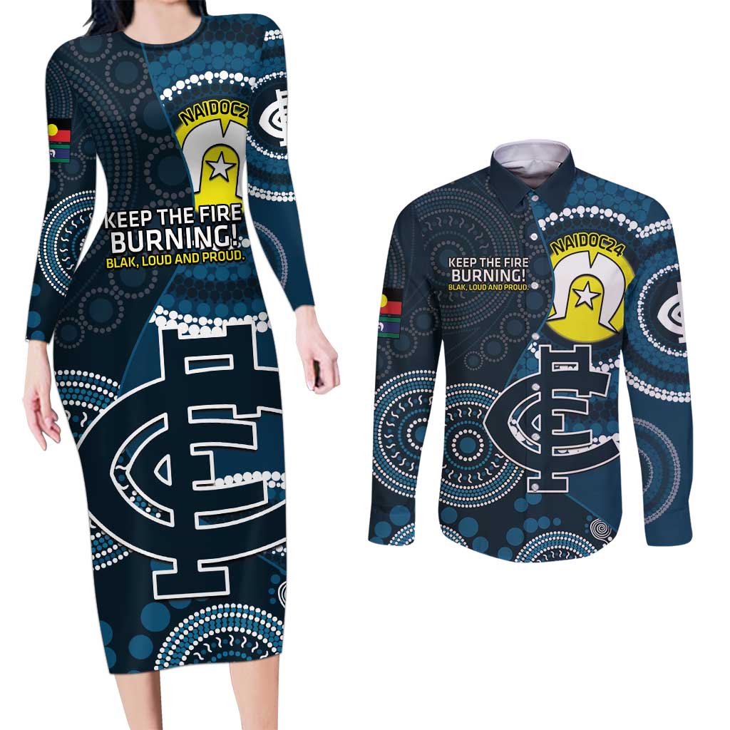 Custom AFL Carlton NAIDOC Week Couples Matching Long Sleeve Bodycon Dress and Long Sleeve Button Shirt Keep The Fire Burning Indigenous Art