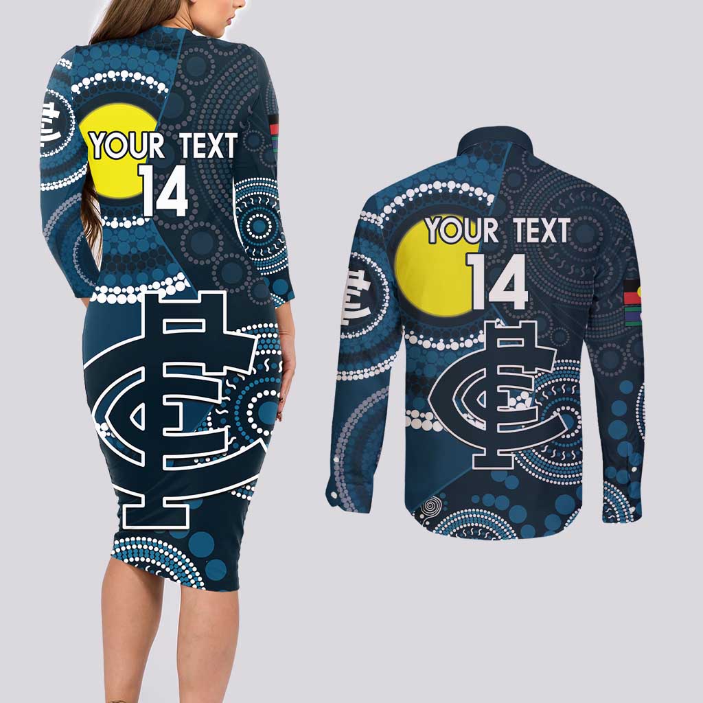 Custom AFL Carlton NAIDOC Week Couples Matching Long Sleeve Bodycon Dress and Long Sleeve Button Shirt Keep The Fire Burning Indigenous Art