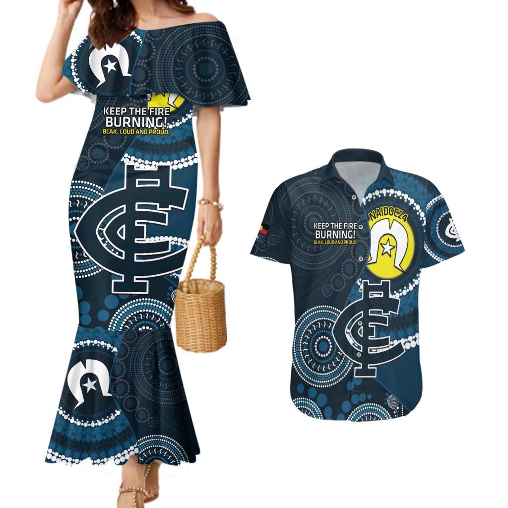 Custom AFL Carlton NAIDOC Week Couples Matching Mermaid Dress and Hawaiian Shirt Keep The Fire Burning Indigenous Art