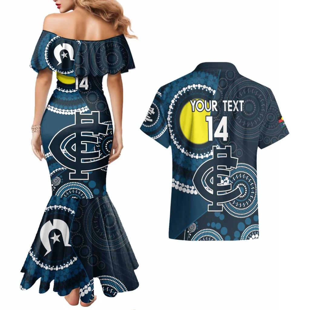 Custom AFL Carlton NAIDOC Week Couples Matching Mermaid Dress and Hawaiian Shirt Keep The Fire Burning Indigenous Art