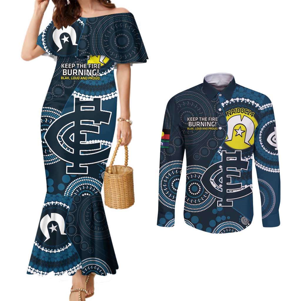 Custom AFL Carlton NAIDOC Week Couples Matching Mermaid Dress and Long Sleeve Button Shirt Keep The Fire Burning Indigenous Art