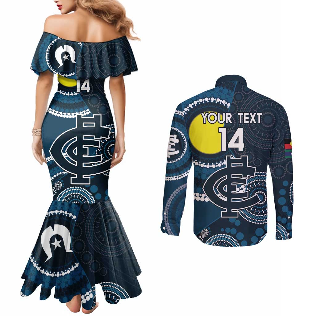 Custom AFL Carlton NAIDOC Week Couples Matching Mermaid Dress and Long Sleeve Button Shirt Keep The Fire Burning Indigenous Art
