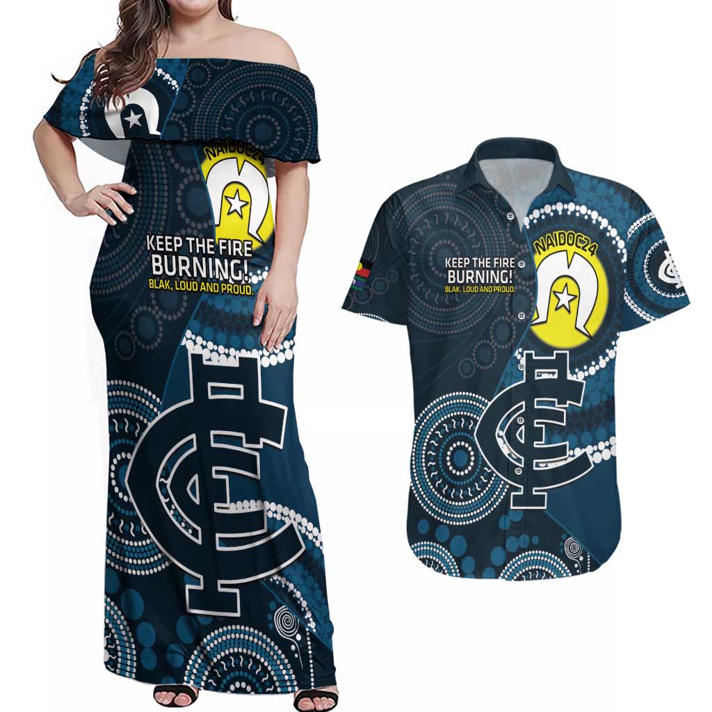 Custom AFL Carlton NAIDOC Week Couples Matching Off Shoulder Maxi Dress and Hawaiian Shirt Keep The Fire Burning Indigenous Art