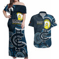 Custom AFL Carlton NAIDOC Week Couples Matching Off Shoulder Maxi Dress and Hawaiian Shirt Keep The Fire Burning Indigenous Art