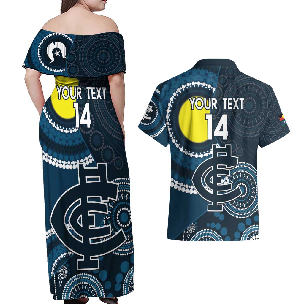 Custom AFL Carlton NAIDOC Week Couples Matching Off Shoulder Maxi Dress and Hawaiian Shirt Keep The Fire Burning Indigenous Art
