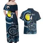Custom AFL Carlton NAIDOC Week Couples Matching Off Shoulder Maxi Dress and Hawaiian Shirt Keep The Fire Burning Indigenous Art