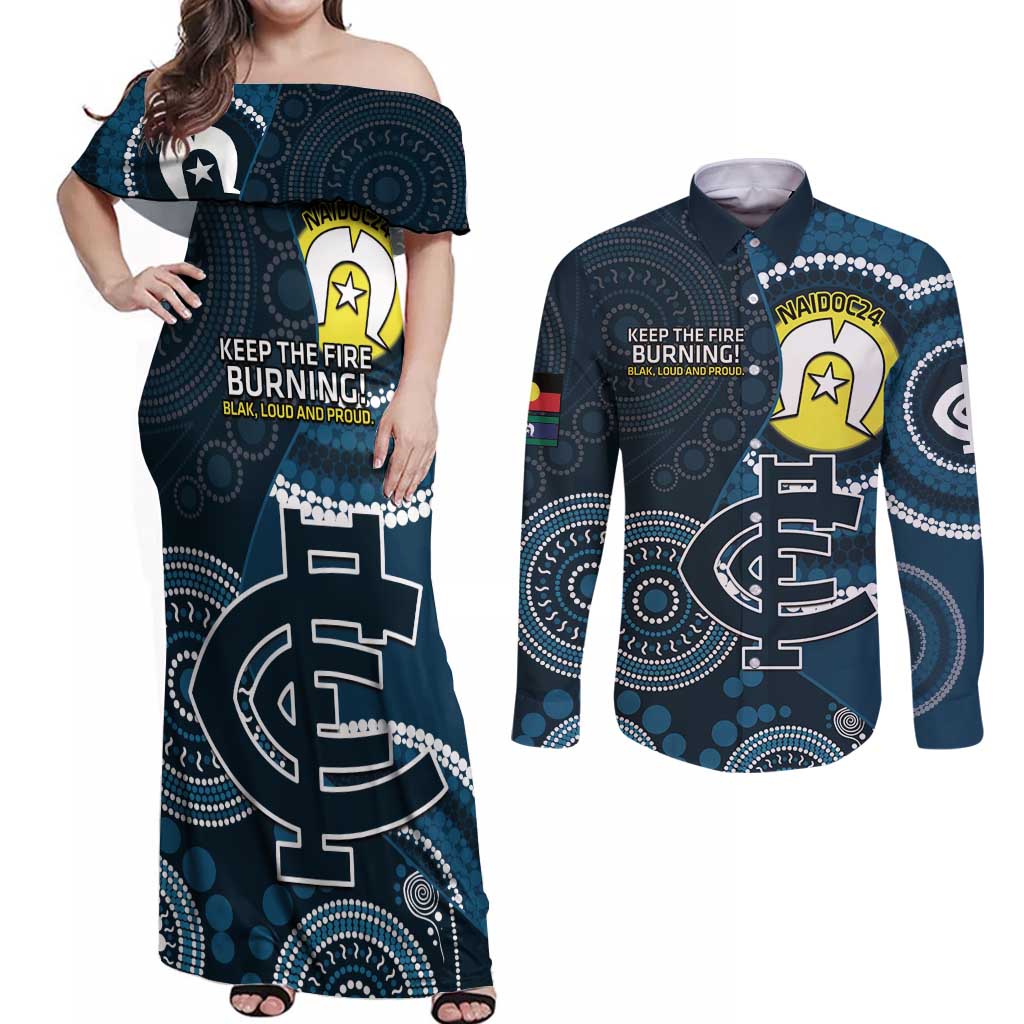 Custom AFL Carlton NAIDOC Week Couples Matching Off Shoulder Maxi Dress and Long Sleeve Button Shirt Keep The Fire Burning Indigenous Art