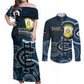 Custom AFL Carlton NAIDOC Week Couples Matching Off Shoulder Maxi Dress and Long Sleeve Button Shirt Keep The Fire Burning Indigenous Art