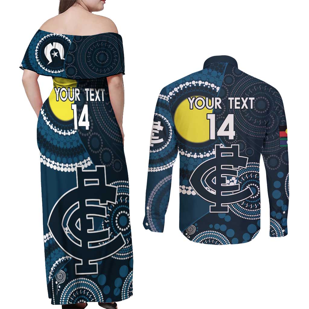 Custom AFL Carlton NAIDOC Week Couples Matching Off Shoulder Maxi Dress and Long Sleeve Button Shirt Keep The Fire Burning Indigenous Art